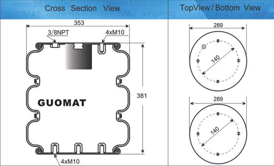 Endüstriyel hava yayı 4xM10 vida GUOMAT NO. 3B7383-3/8 Bellow No.3B383 Doğal çapı 351mm